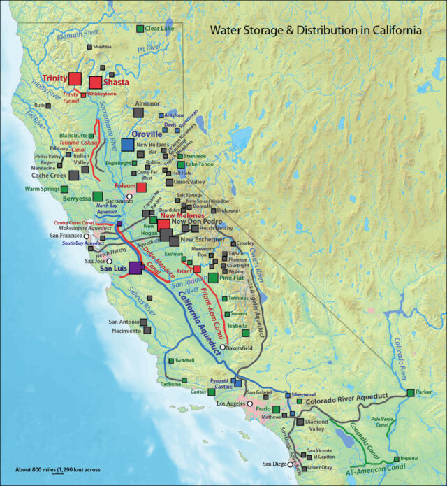 Map showing the entire state of California. Reservoir locations, canals and aqueducts connected to them, and natural rivers are depicted. 