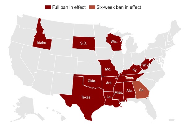 The New York Times created a map of states where abortion is currently banned as of December 12, 2022.