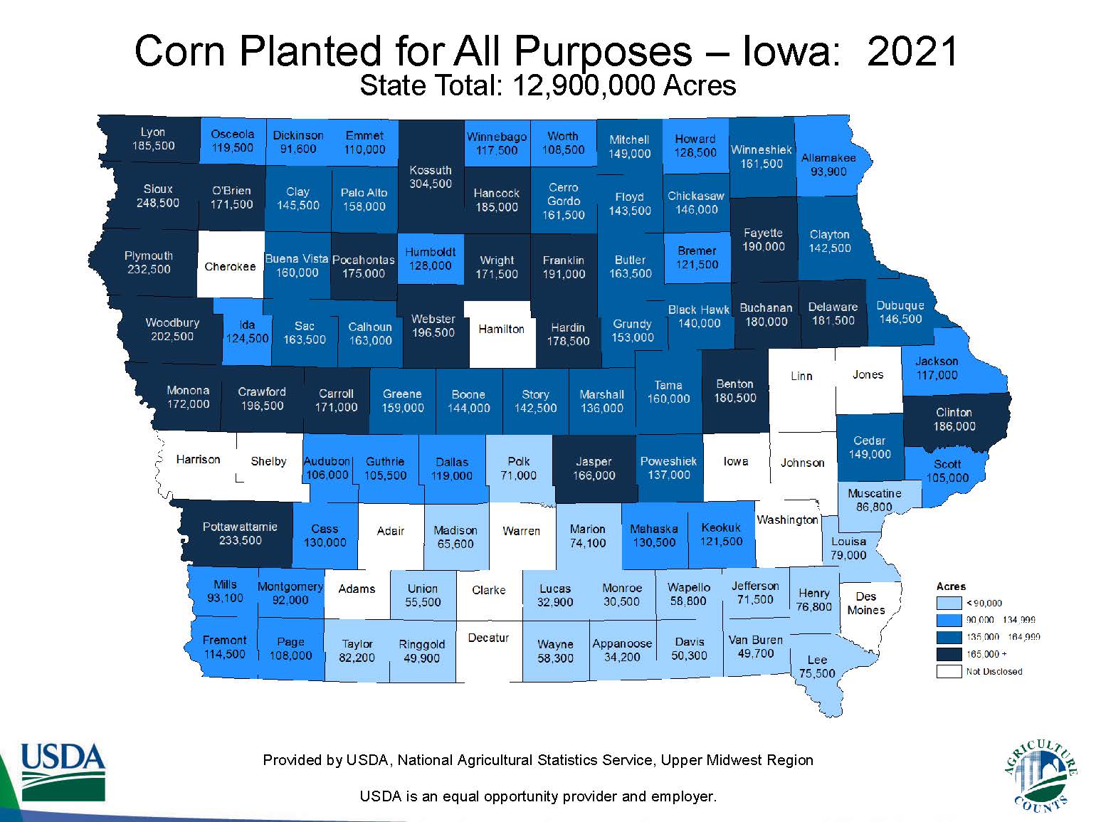 Map of corn plantings in Iowa; counties with higher acreage in increasingly darker shades of blue. Many counties plant over 100,000 acres, with some counties along the western border of the state planting 200,000 or more.